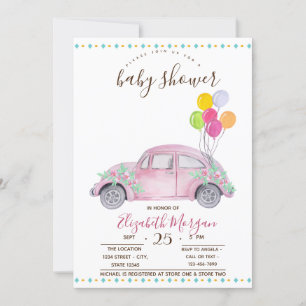 Invitación Coche Rosa Lindo,Globos Zigzag Baby Shower