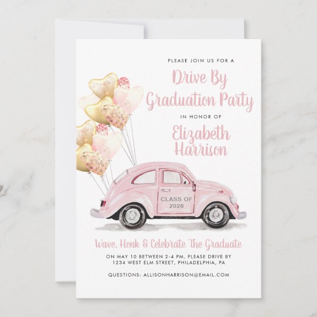 Invitación Coche Rosado De La Fiesta De Graduación (Anverso)