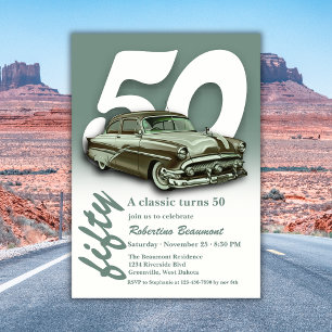 Invitación Coche Verde Clásico Cumple 50 Años