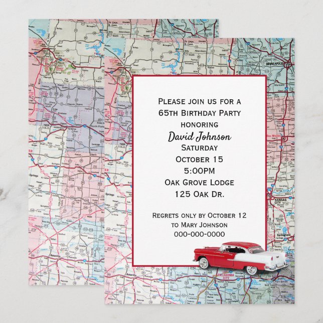 Invitación Coche viejo en el mapa 65º cumpleaños (Anverso / Reverso)