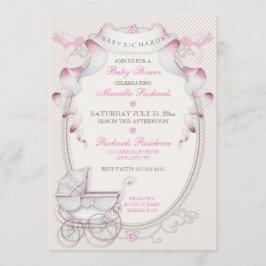 Invitación Cochecito Antiguo de Cuadrillé Rosa Marfil con Páj