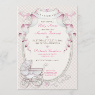 Invitación Cochecito Antiguo de Cuadrillé Rosa Marfil con Páj