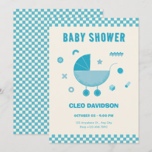 Invitación Cochecito de bebé a cuadros azules regalo de baby 