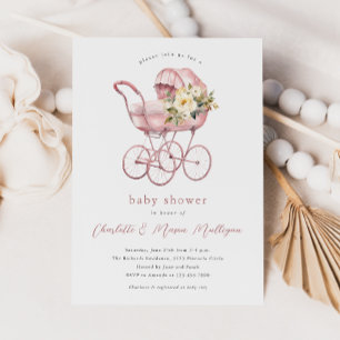 Invitación Cochecito de Bebé Antiguo Rosa para Baby Shower de