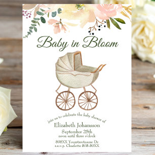 Invitación Cochecito de Bebé Antiguo y Bebé Floral en Flor