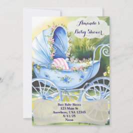 Invitación Cochecito de Bebé Azul Vintage en Jardín Florido i