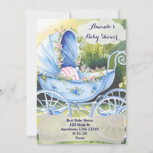 Invitación Cochecito de Bebé Azul Vintage en Jardín Florido i