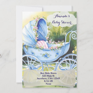 Invitación Cochecito de Bebé Azul Vintage en Jardín Florido i