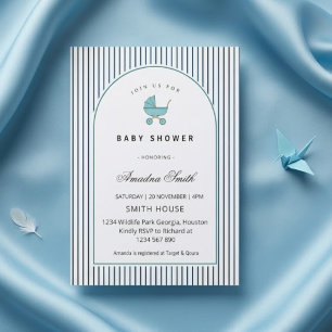 Invitación Cochecito de Bebé Niño Rayas Azules Moderno y Mini