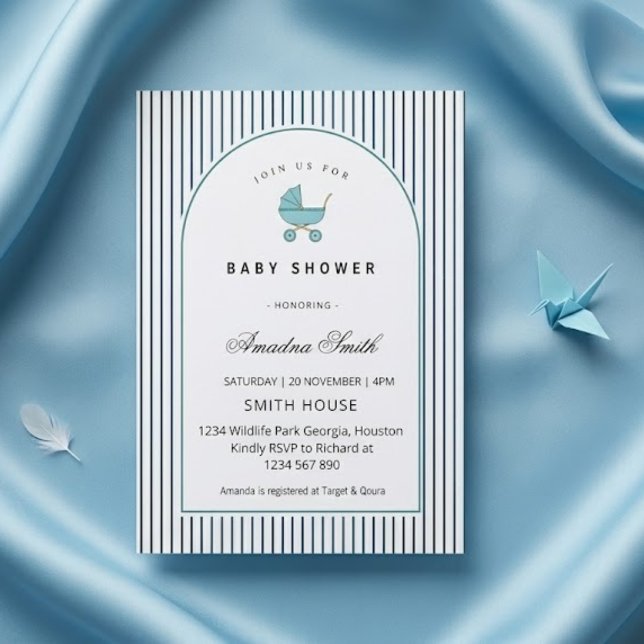 Invitación Cochecito de Bebé Niño Rayas Azules Moderno y Mini (Subido por el creador)