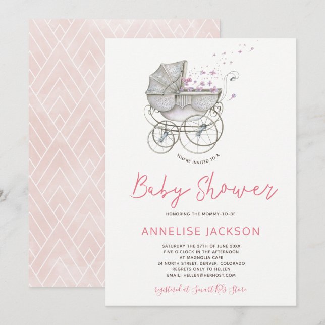 Invitación Cochecito de bebé rubor acuarela ducha de bebé niñ (Anverso / Reverso)