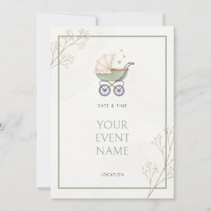 Invitación Cochecito de bebé verde salvia Rama de bayas