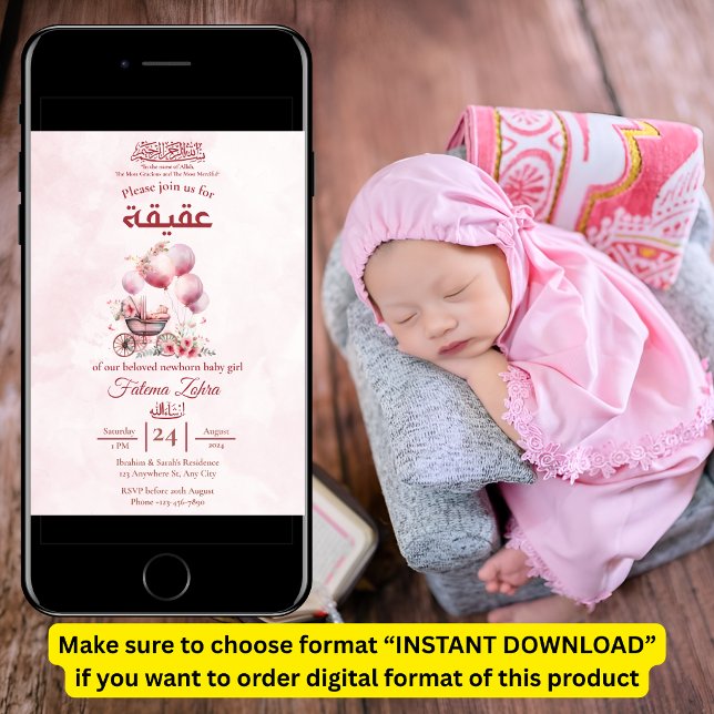Invitación Cochecito de globo rosa Niña musulmana Aqiqah (Subido por el creador)