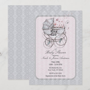Invitación Cochecito de Muñeca Vintage Blanco Encaje Rosa Bab