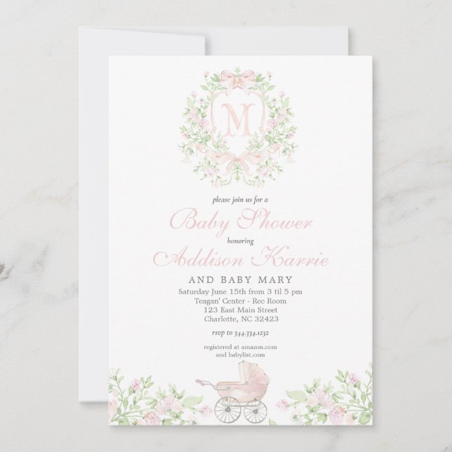 Invitación Cochecito de niña Monograma (Anverso)