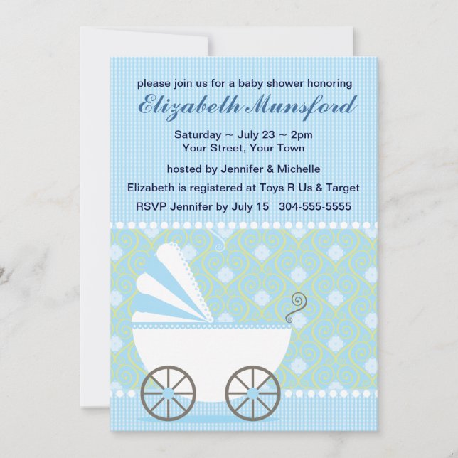 Invitación Cochecito de niño azul Baby Shower (Anverso)