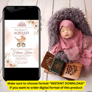 Invitación Cochecito Floral Rosa Bebé Niña Musulmana Aqiqah