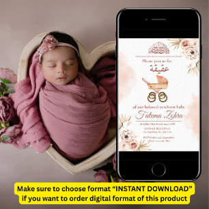 Invitación Cochecito Floral Rosa Bebé Niña Musulmana Aqiqah I