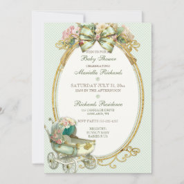 Invitación Cochecito Vintage Marfil Menta Rosas Oro Cuadros