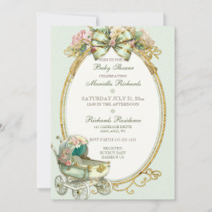 Invitación Cochecito Vintage Marfil Menta Rosas Oro Cuadros