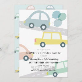 Invitación Coches con globos Blue Boy Drive by Birthday