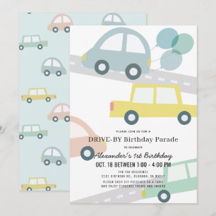Invitación Coches con globos Blue Boy Drive by Birthday