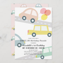 Invitación Coches con globos Chica rosa manejando por cumplea