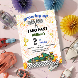 Invitación coches de niño verde Race Car dos cumpleaños rápid