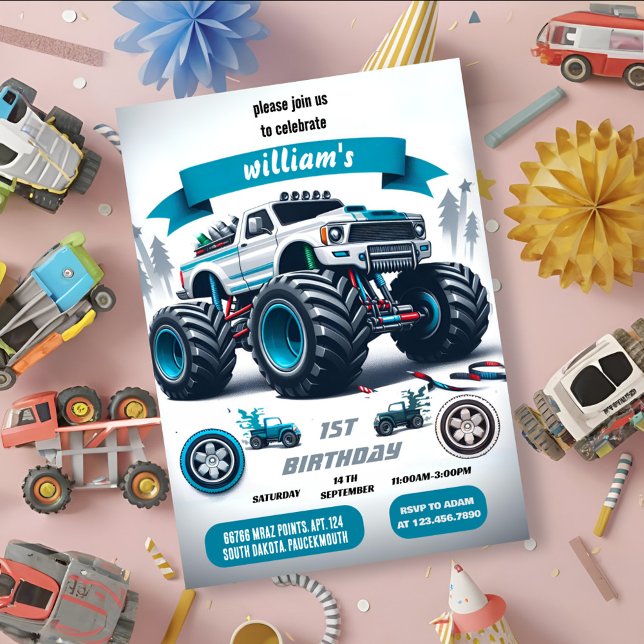 Invitación coches de niños camión monstruo genial 1º cumpleañ (Subido por el creador)