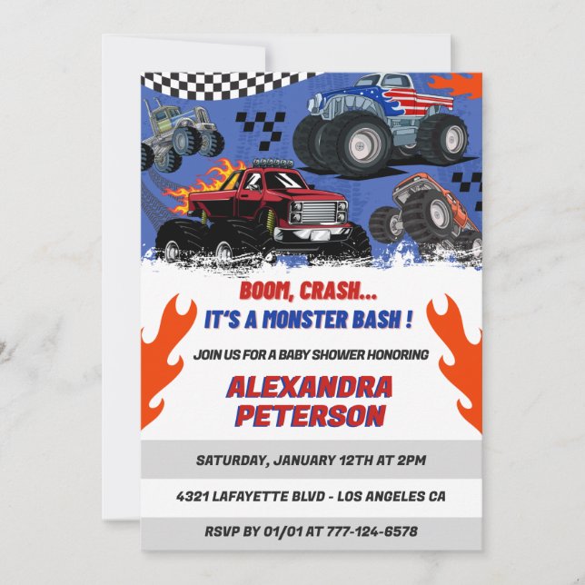 Invitación Coches y camiones embarazo bebé Boom Crash (Anverso)