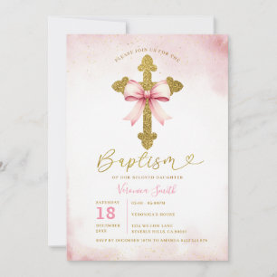 Invitación Cochina de lazo rosa bautizo niña cruz cristiandad