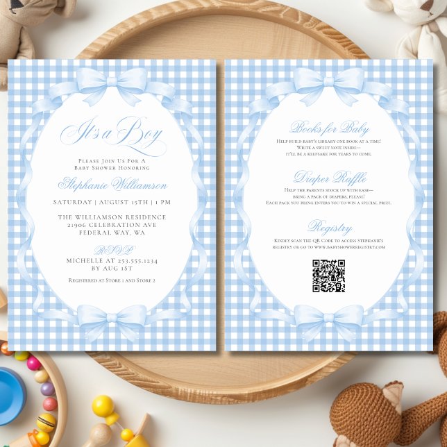 Invitación Cochinito de Gingham Azul con Lazo Enterizo para B (Blue Gingham Coquette Bow All-in-One Baby Shower Invitation)