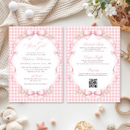 Invitación Cochinito de Gingham Rosa con Lazo Todo en Uno par