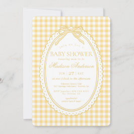 Invitación Cochita de gingham amarillo con lazo para baby sho