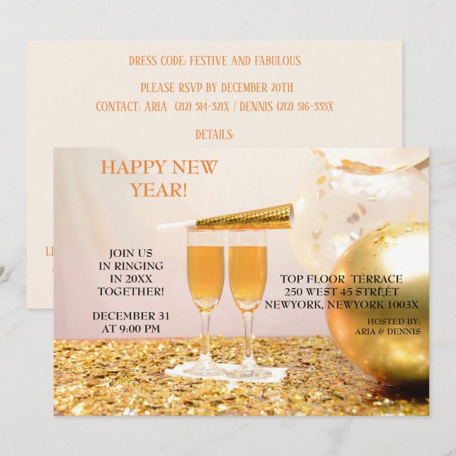 Invitación Cocina de champán de confeti de oro de Año Nuevo (Anverso / Reverso)