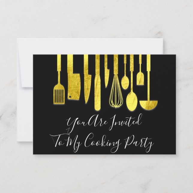 Invitación Cocina Fiesta Chef Cocina dorada con Unicidad dora (Anverso)