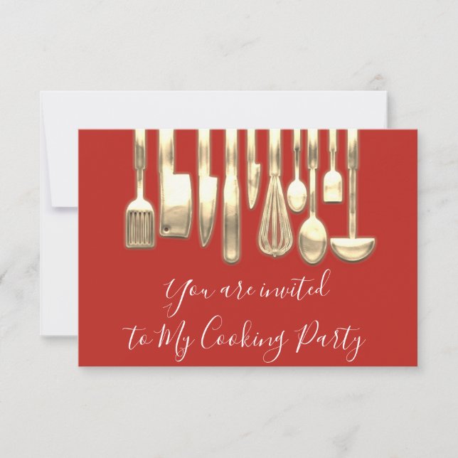 Invitación Cocina Fiesta Chef Cocina dorada Oro Rojo (Anverso)