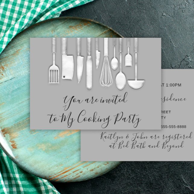 Invitación Cocina Fiesta Chef Cocina dorada Plata gris (Cooking Party Chef Golden Kitchen Gray Silver Invitation)