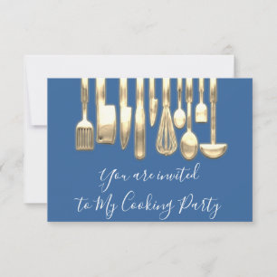 Invitación Cocina Fiesta Chef Golden Kitchen Oro Azul