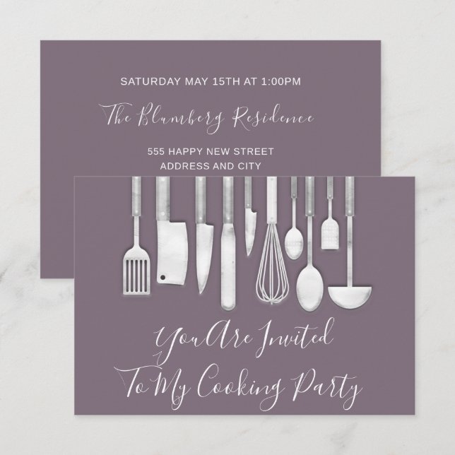 Invitación Cocina Fiesta Cocina Cocina Púrpura Violeta Gris B (Anverso / Reverso)