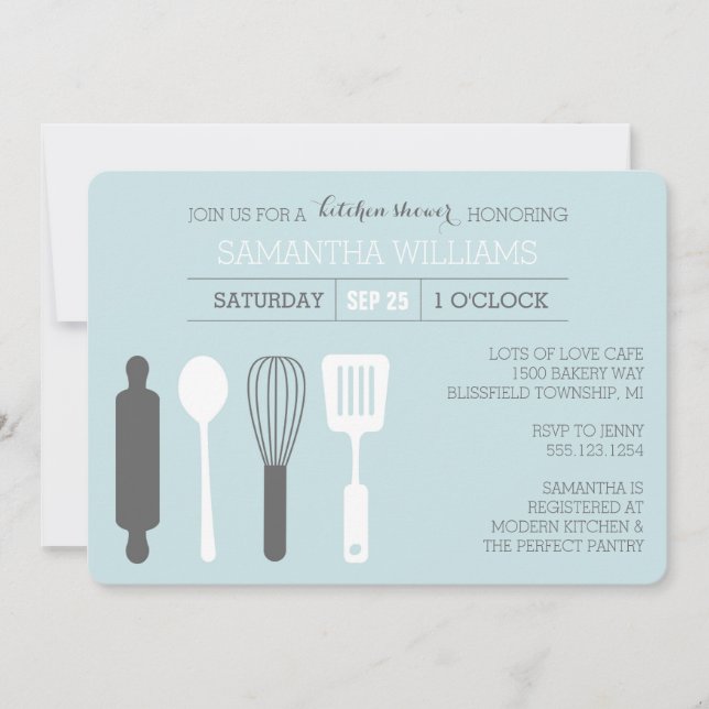 Invitación Cocina moderna ducha de novia azul pálido gris bla (Anverso)