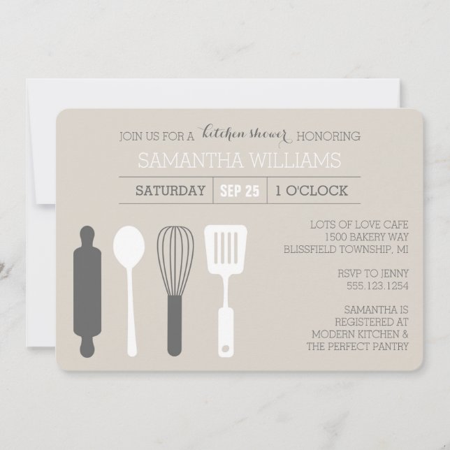 Invitación Cocina moderna ducha de novia gris y blanco (Anverso)