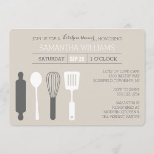 Invitación Cocina moderna ducha de novia gris y blanco