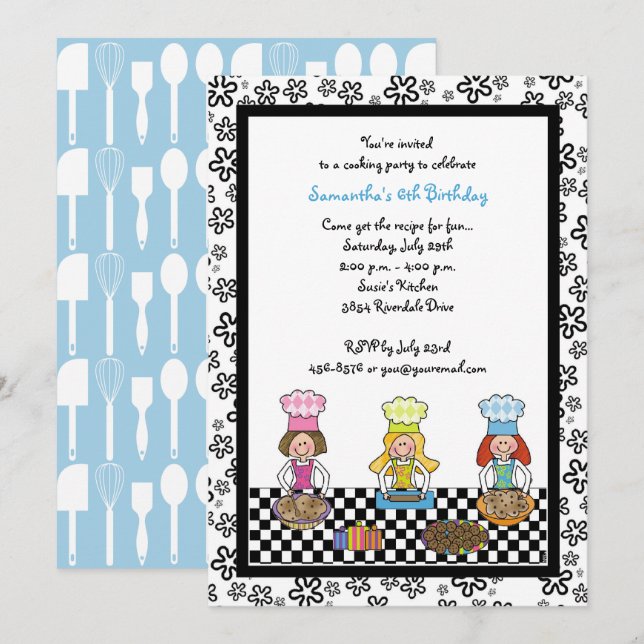 Invitación Cocinar Chicas Fiestas hornear niños Cumpleaños (Anverso / Reverso)