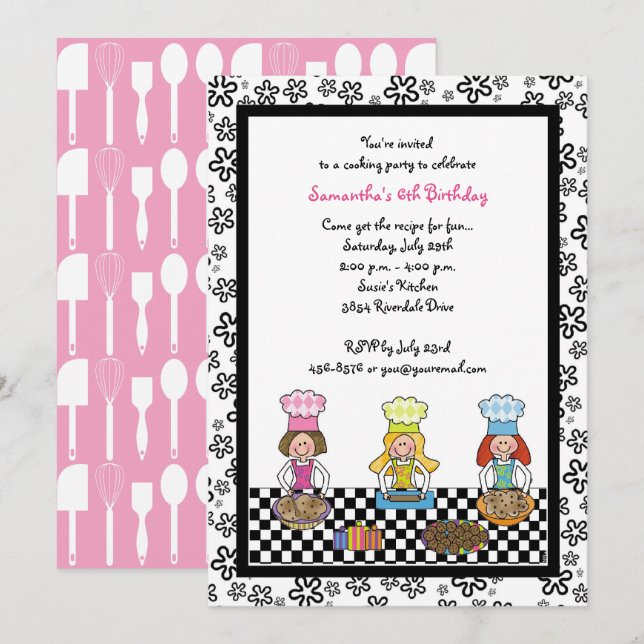 Invitación Cocinar Chicas Fiestas hornear niños Cumpleaños (Anverso / Reverso)