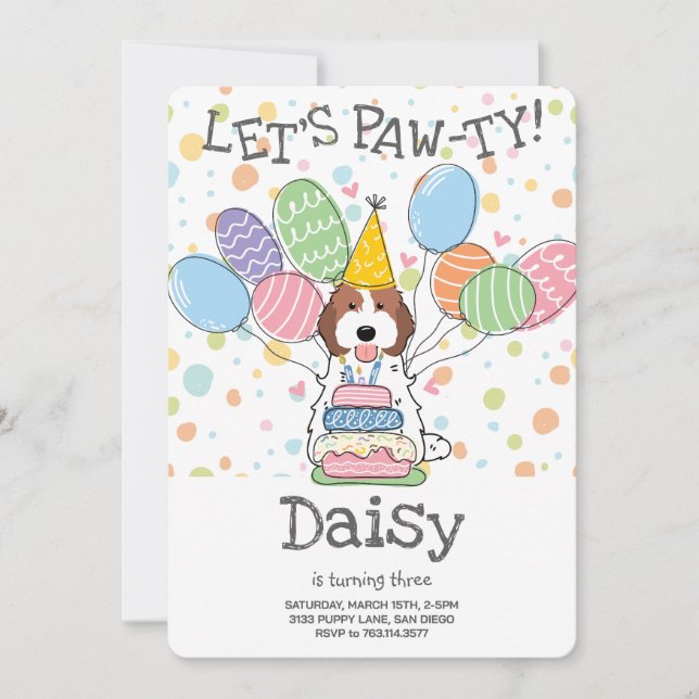 Invitación Cockapoo Blanco Marrón Cavapoo Fiesta de cumpleaño (Anverso)