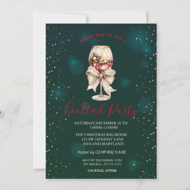 Invitación  Cocktail Bow Stars Green Christmas Party  (Anverso)