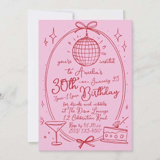 Invitación Cocktail de Garabato Dibujado a Mano 30 Cumpleaños (Anverso)