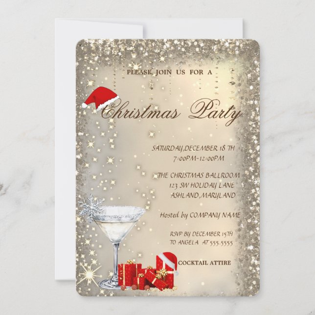 Invitación Cocktail Glass Santa Hat Presents Christmas Party (Anverso)