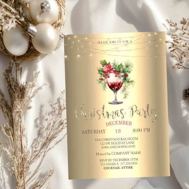 Invitación  Cocktail Poinsettia String Lights Gold Christmas  (Subido por el creador)